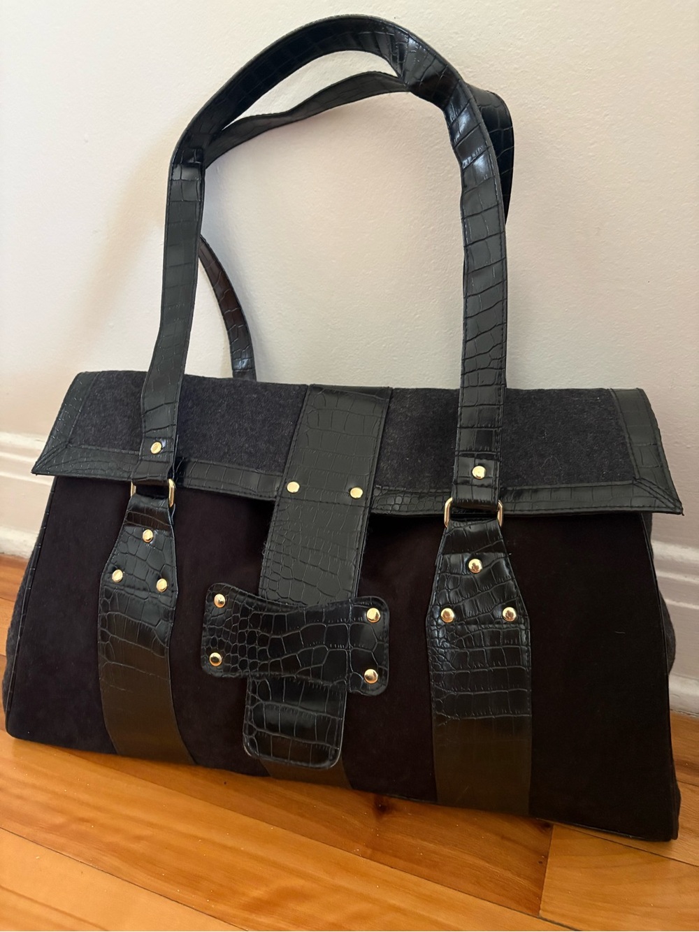 Elizabeth Arden Black Faux-Croc Trim Suede Tote